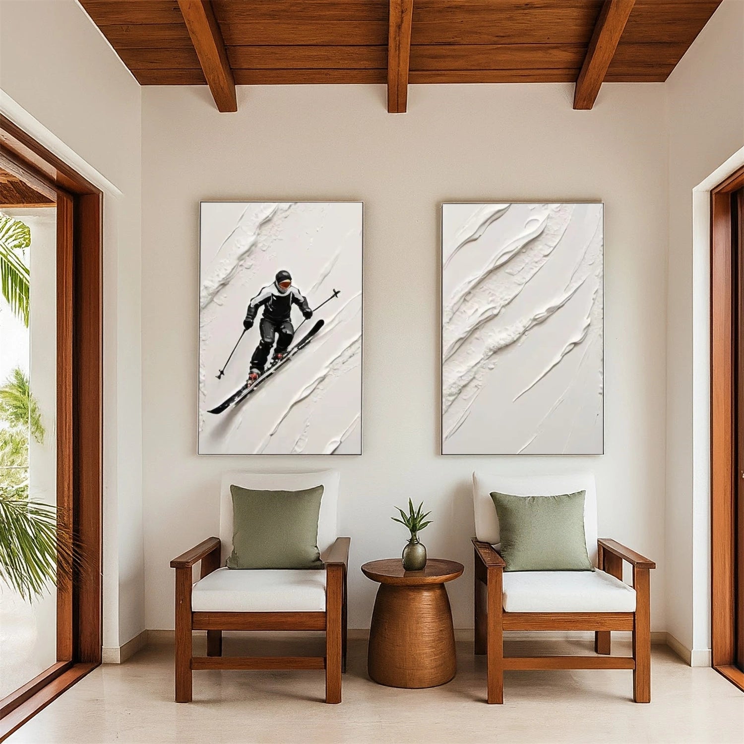 Black and White Skiing Sport Textured Wall Art Set of 2 #BA018