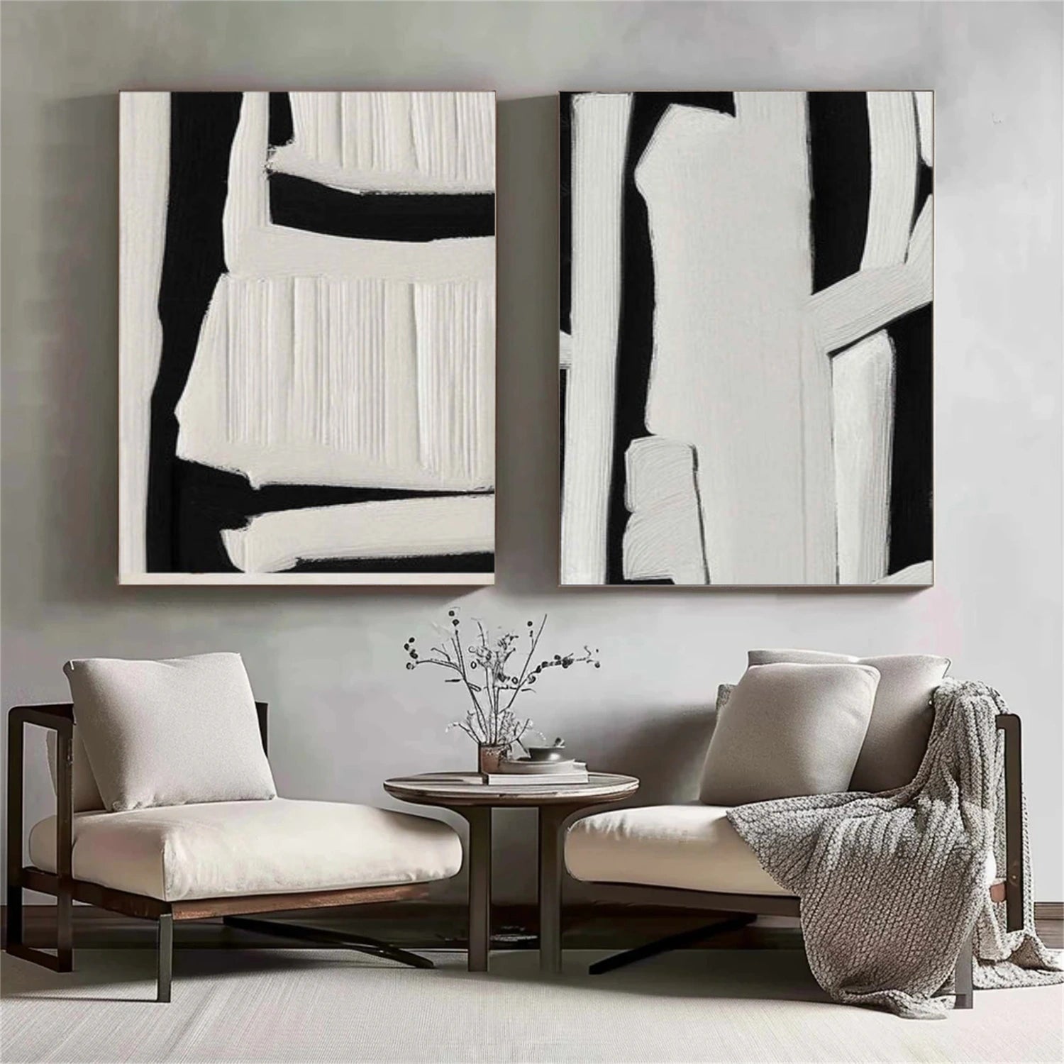 Black and White Minimalist Textured Canvas Art Set of 2 #BT093