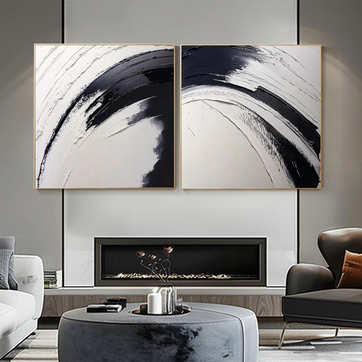 Black and White Minimalist Textured Canvas Art Set of 2 #BT092