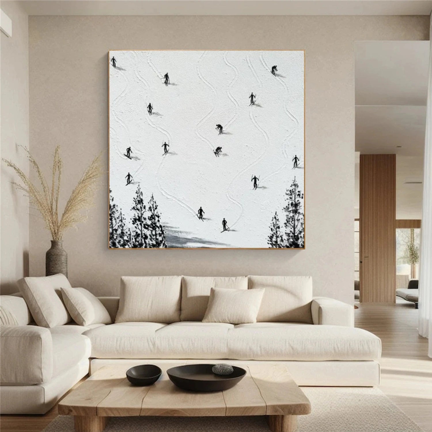 Black and White Skiing Sport Textured Wall Art #BA037