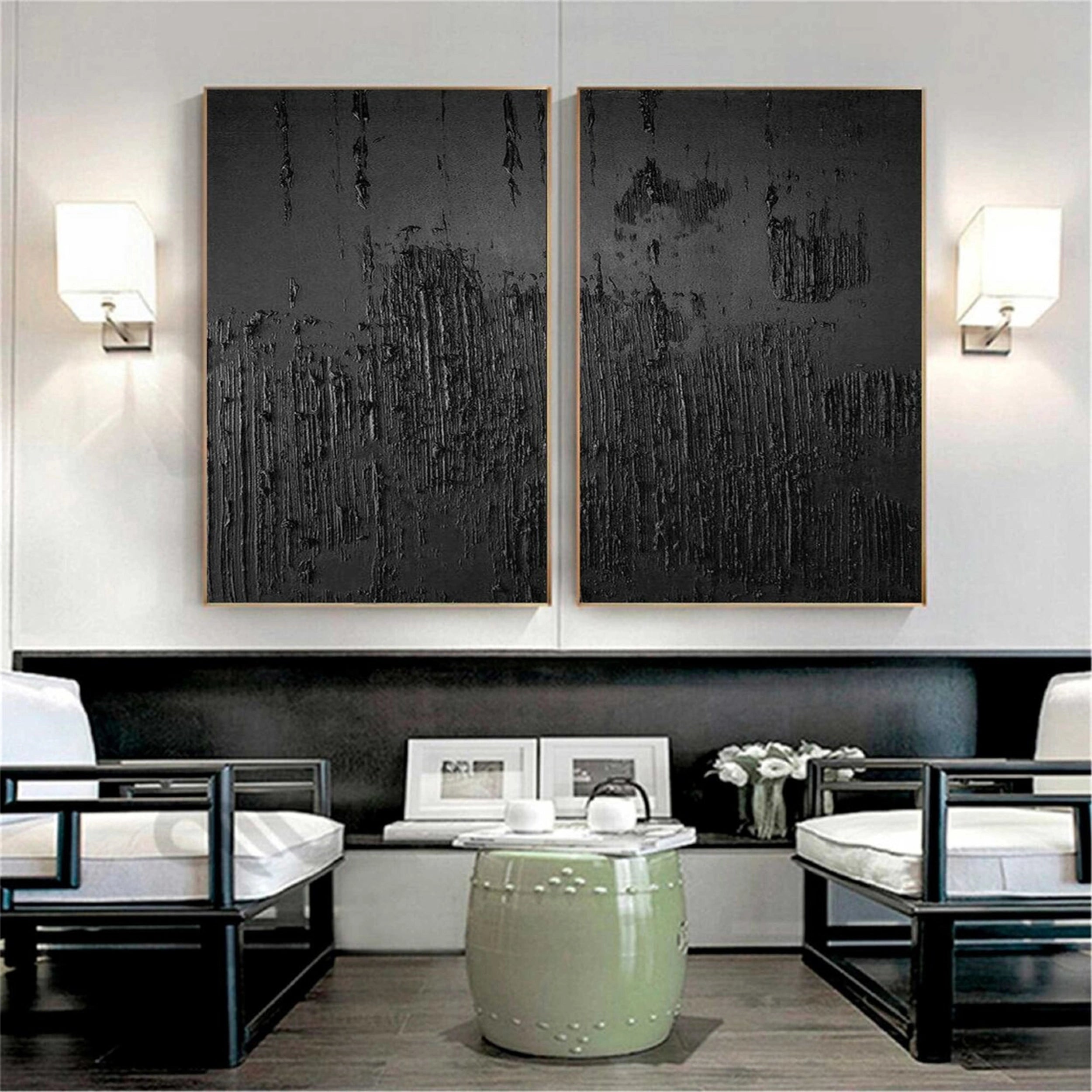 Black Textured Minimalist Wall Art Set of 2 #BT047