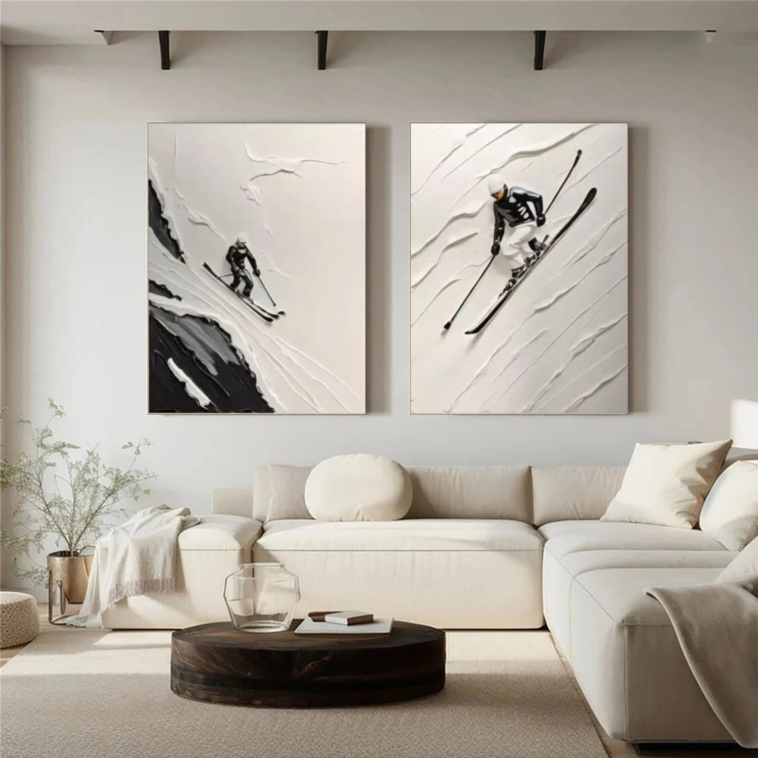 Black and White Skiing Sport Textured Wall Art Set of 2 #BA017