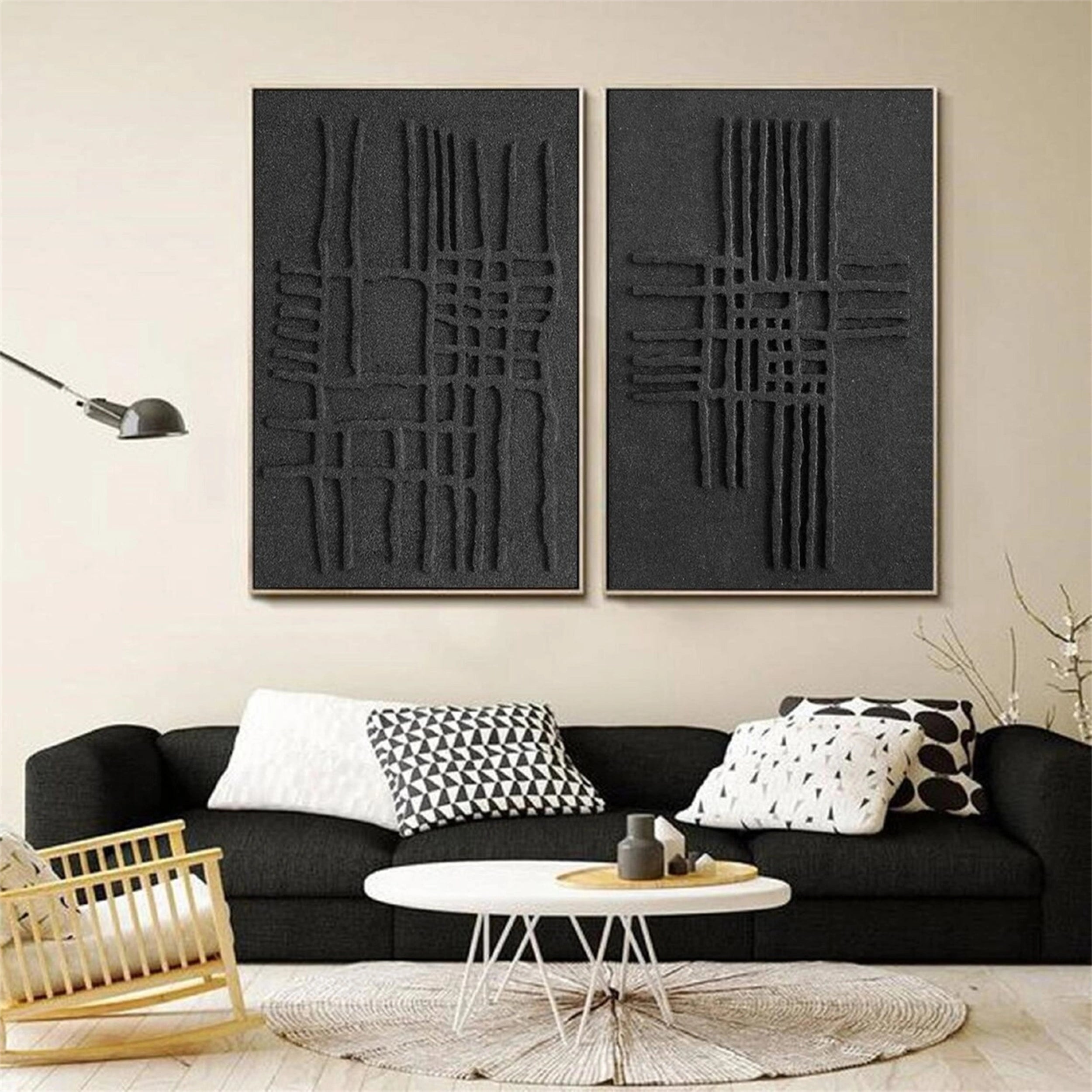 Black Textured Minimalist Wall Art Set of 2 #BT051