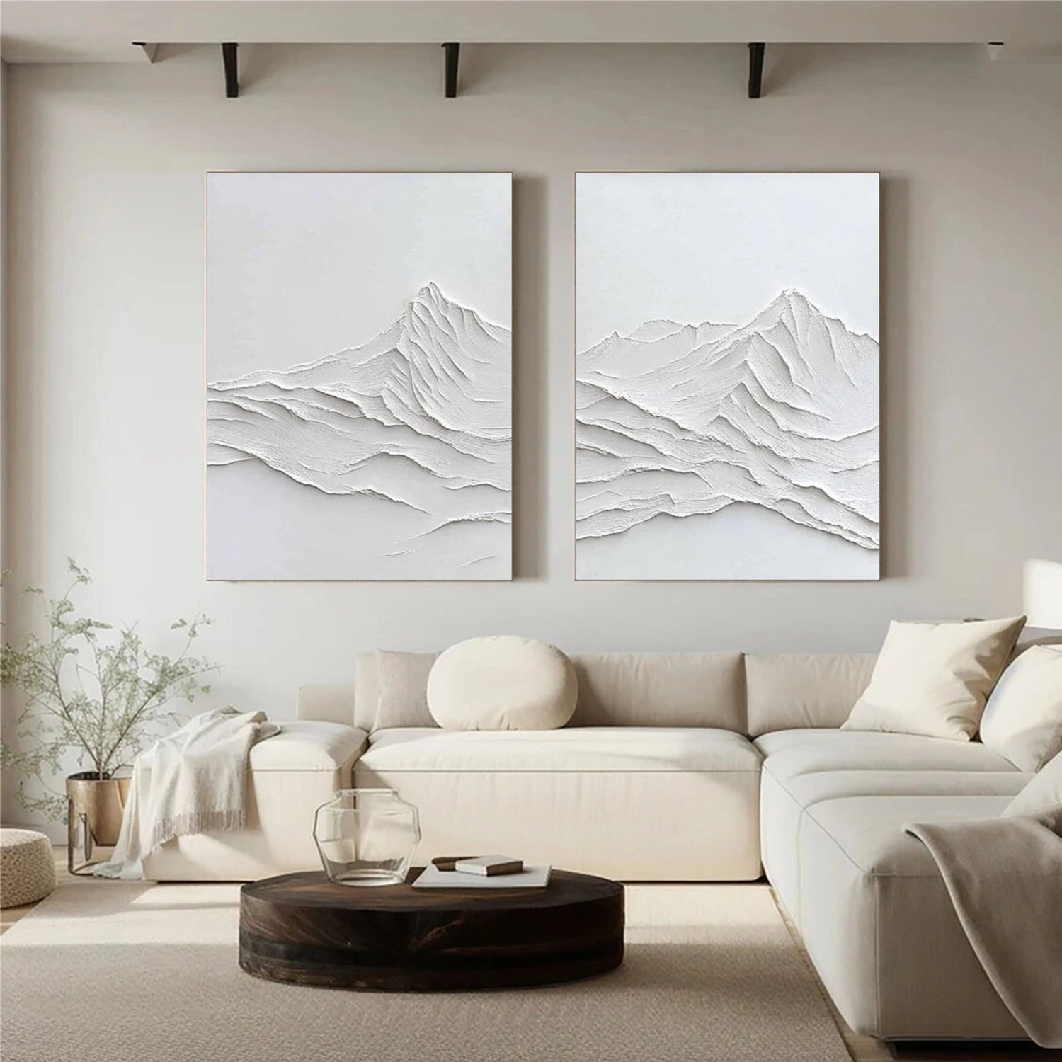 White Minimalist Mountain Textured Canvas Art Set of 2 #WT238