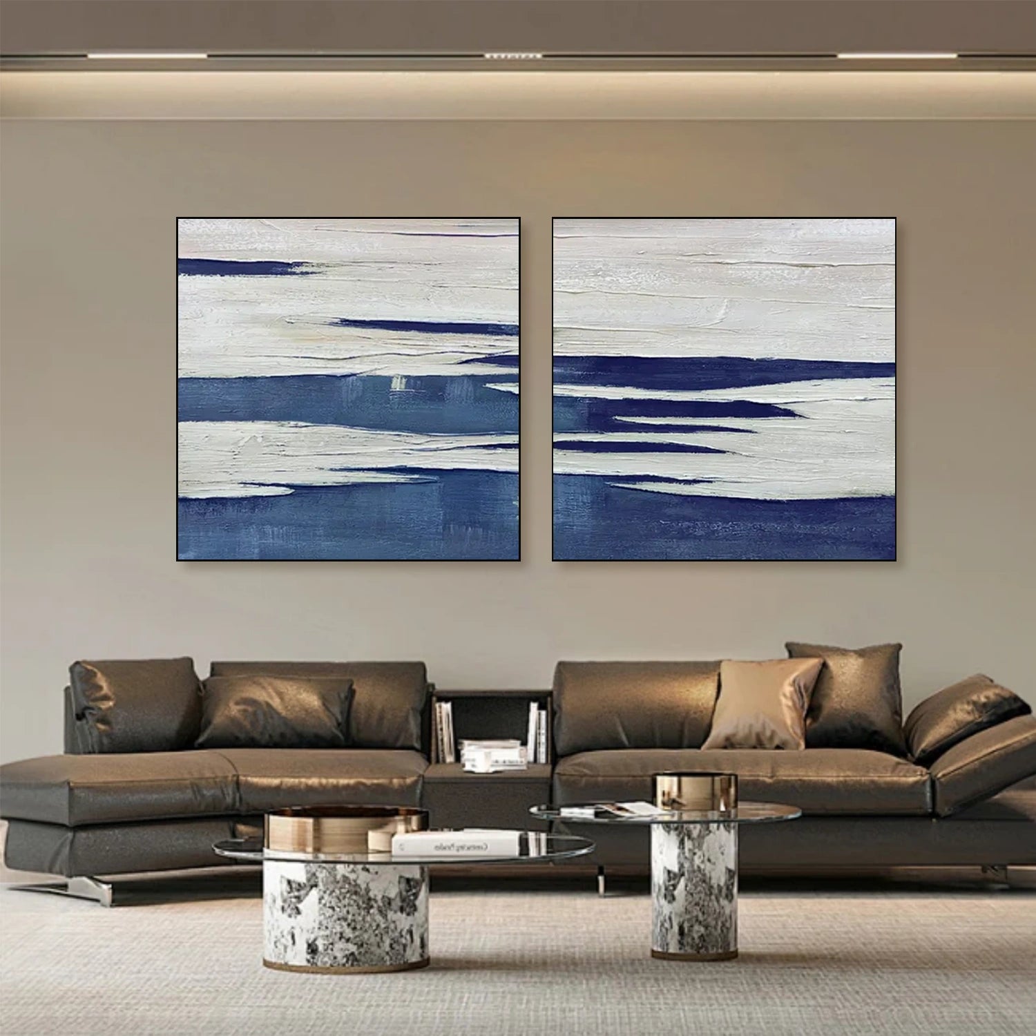 Blue and White Abstract Wall Art Set of 2 #AW082
