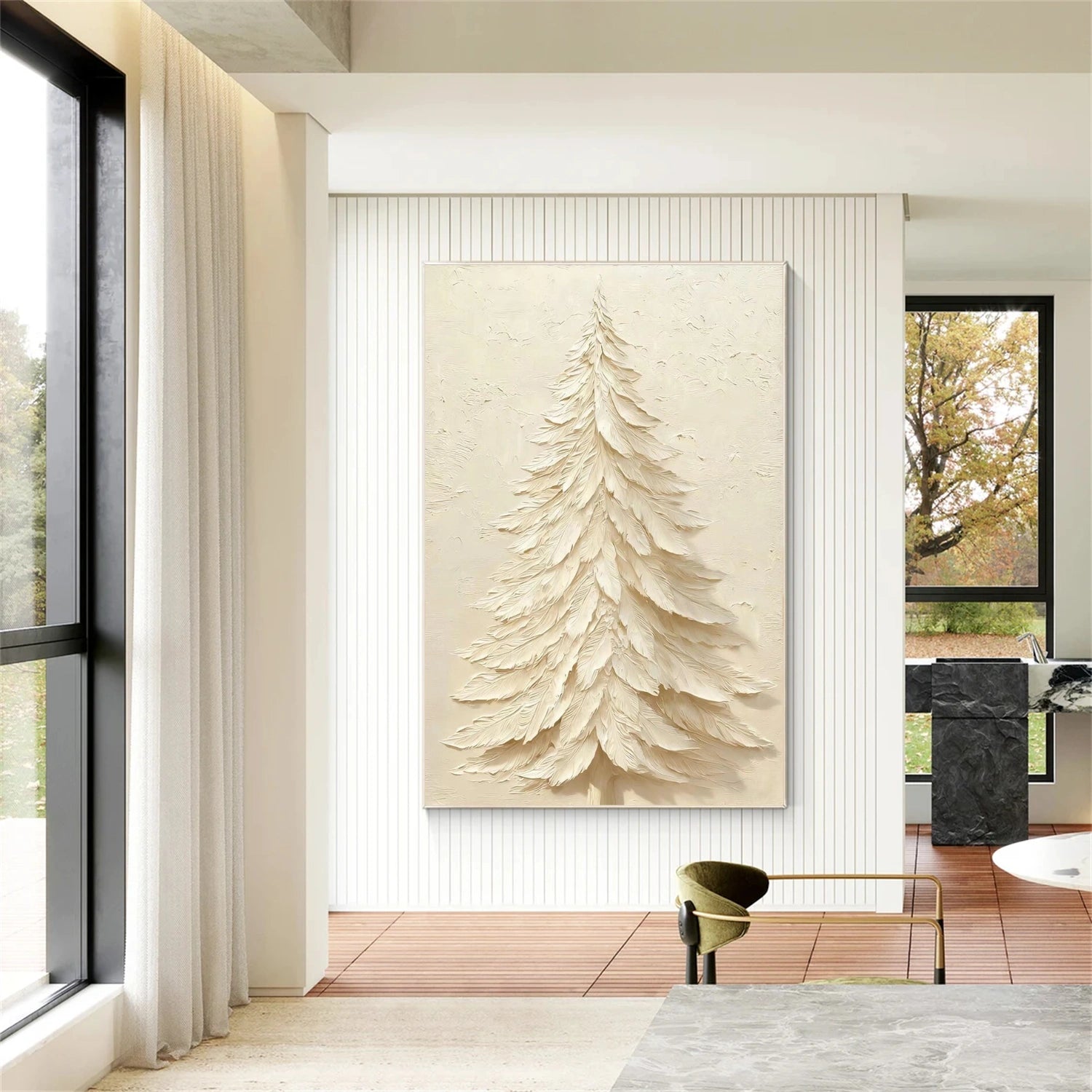 Beige Tree And Flower Abstract Textured Wall Art #TF176