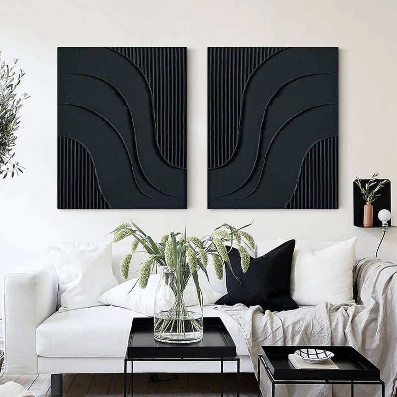 Black Textured Minimalist Wall Art Set of 2 #BT009
