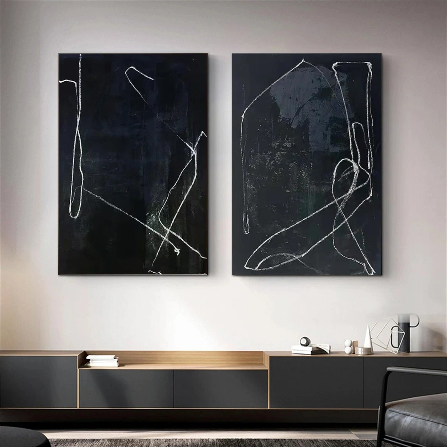Black Wabi Sabi Abstract Canvas Art Set of 2 #WA238