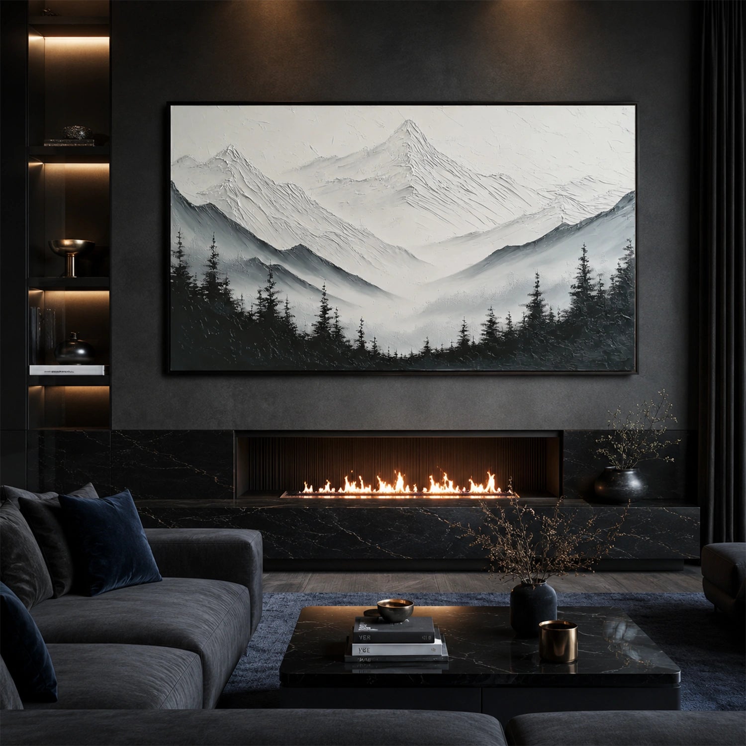 Black and White Abstract Mountain Textured Canvas Art #WT268