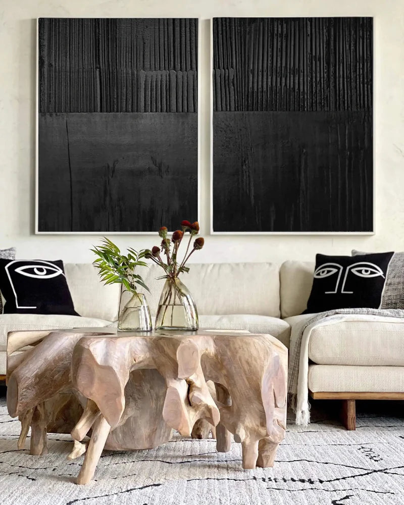 Black Textured Minimalist Wall Art Set of 2 #BT017