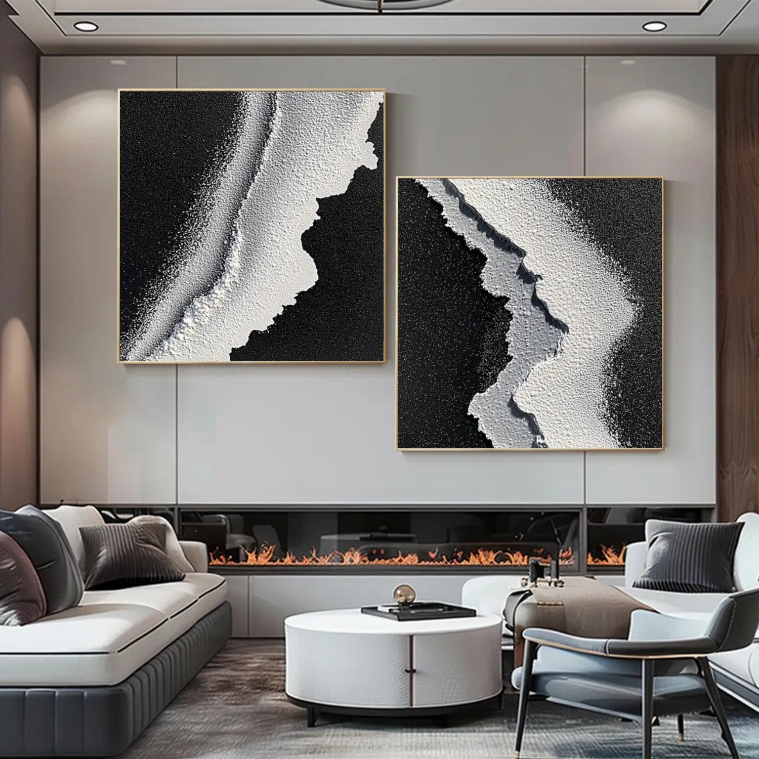 Black and White Sky And Ocean Abstract Textured Wall Art Set of 2 #SO332