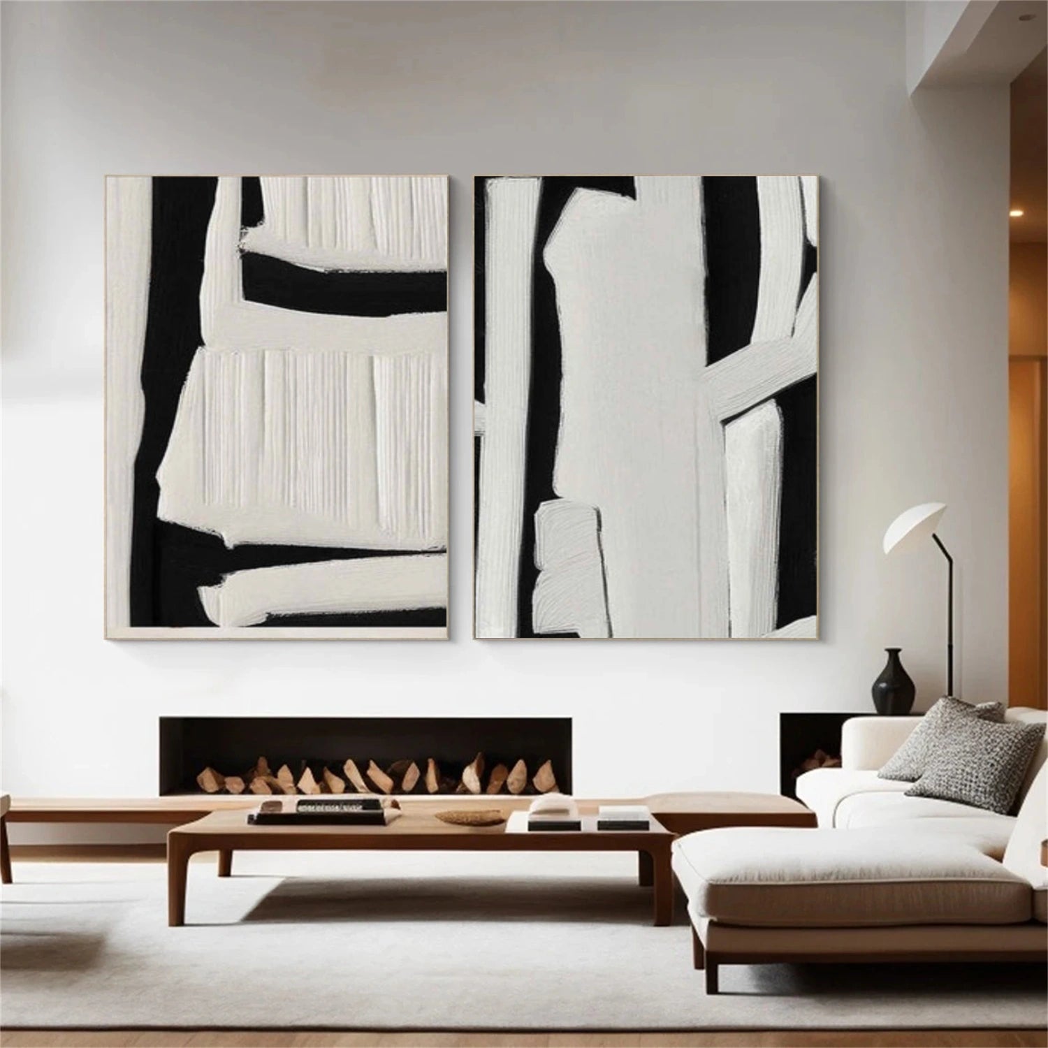 Black and White Minimalist Textured Canvas Art Set of 2 #BT093