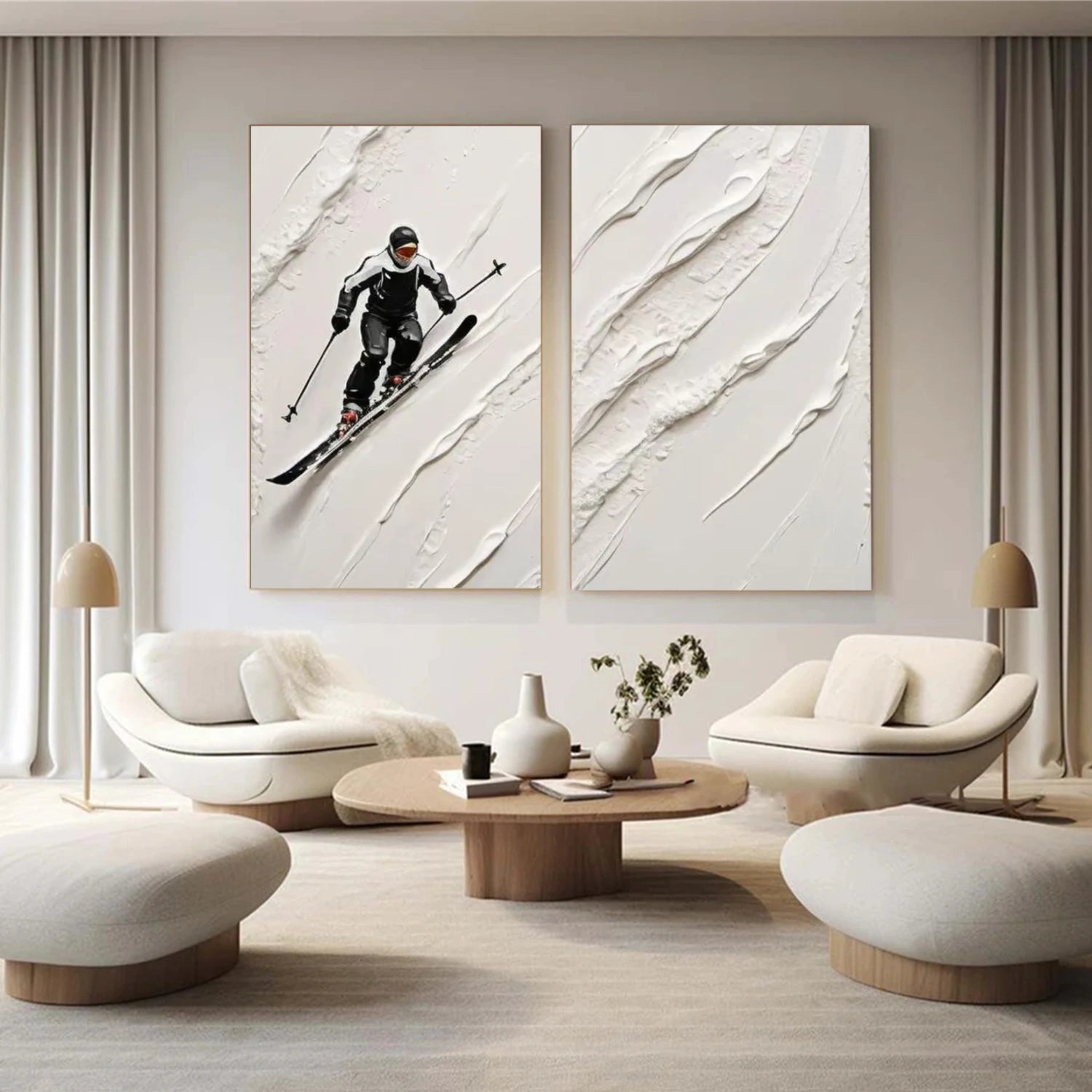 Black and White Skiing Sport Textured Wall Art Set of 2 #BA018