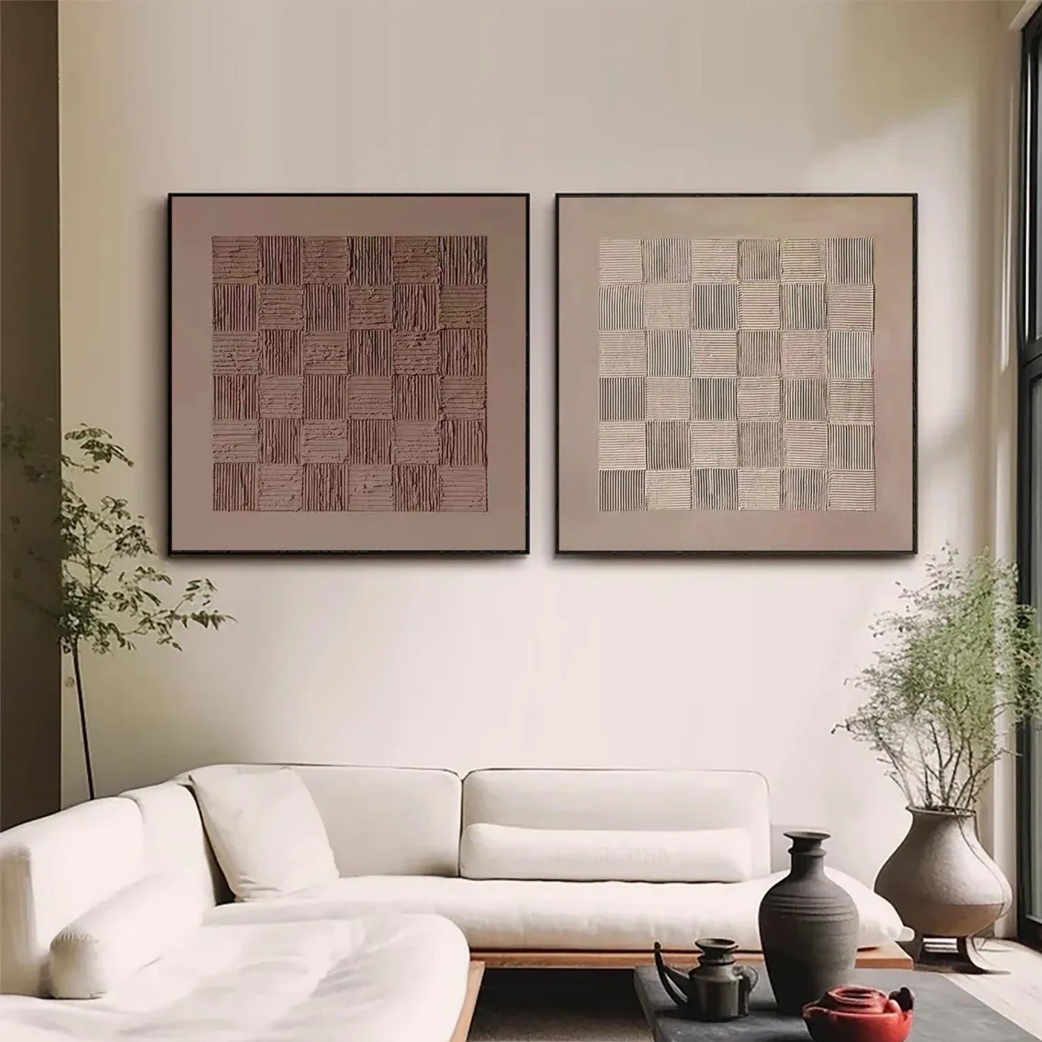 Beige and Brown Wabi Sabi Textured Abstract Canvas Art Set of 2 #WA193