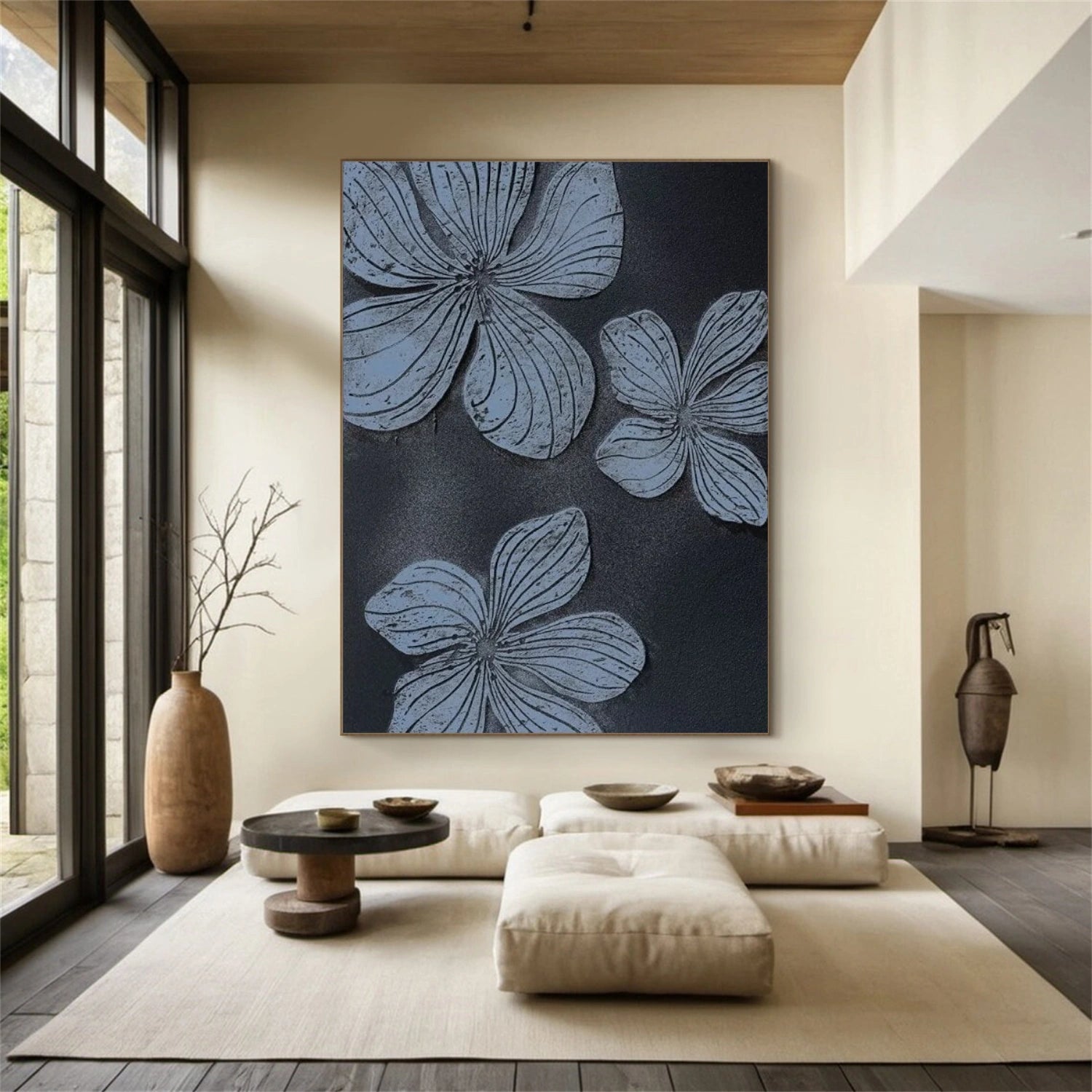 Black and Blue Tree And Flower Abstract Textured Wall Art #TF129