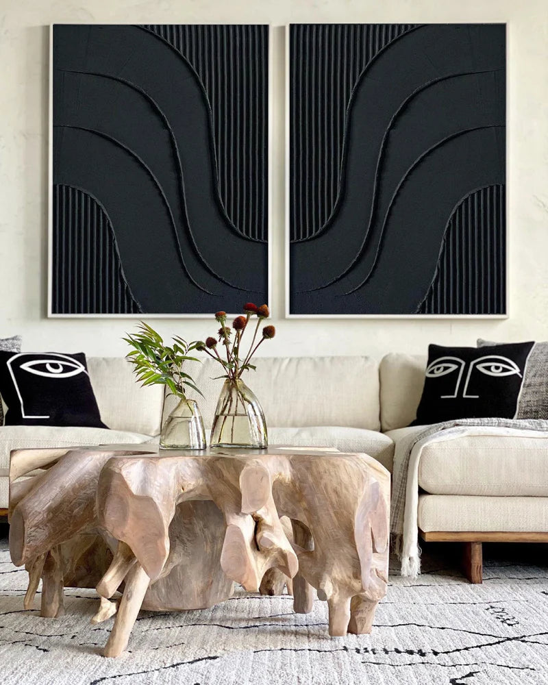 Black Textured Minimalist Wall Art Set of 2 #BT009
