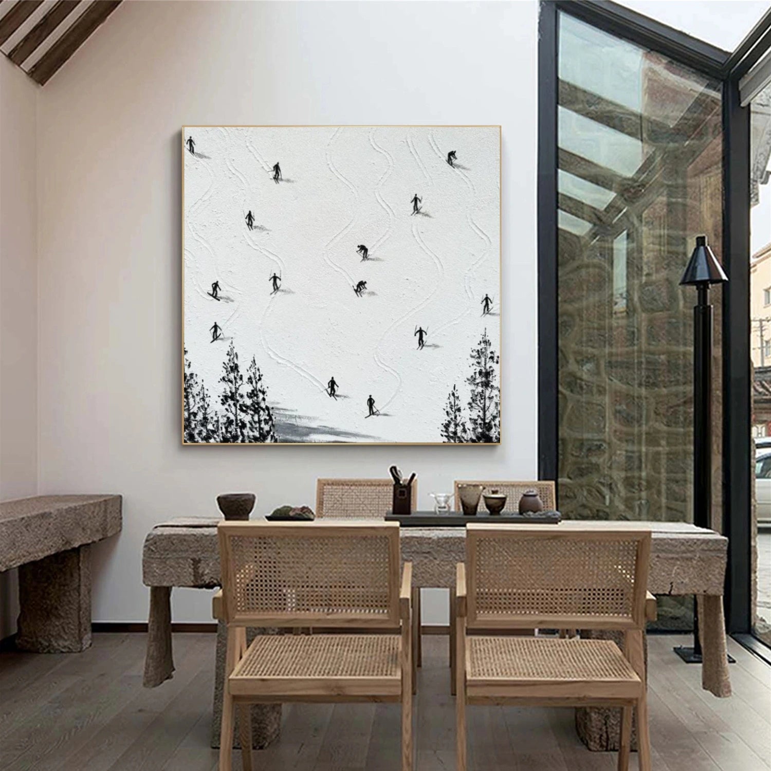 Black and White Skiing Sport Textured Wall Art #BA037