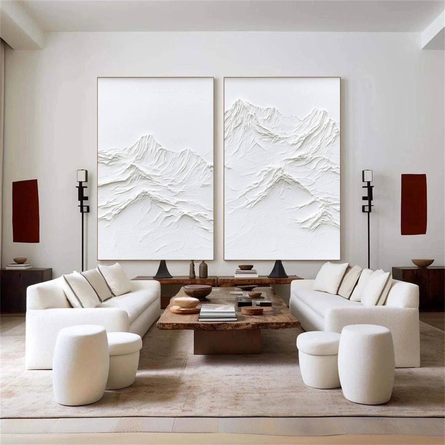 White Minimalist Mountain Textured Canvas Art Set of 2 #WT236
