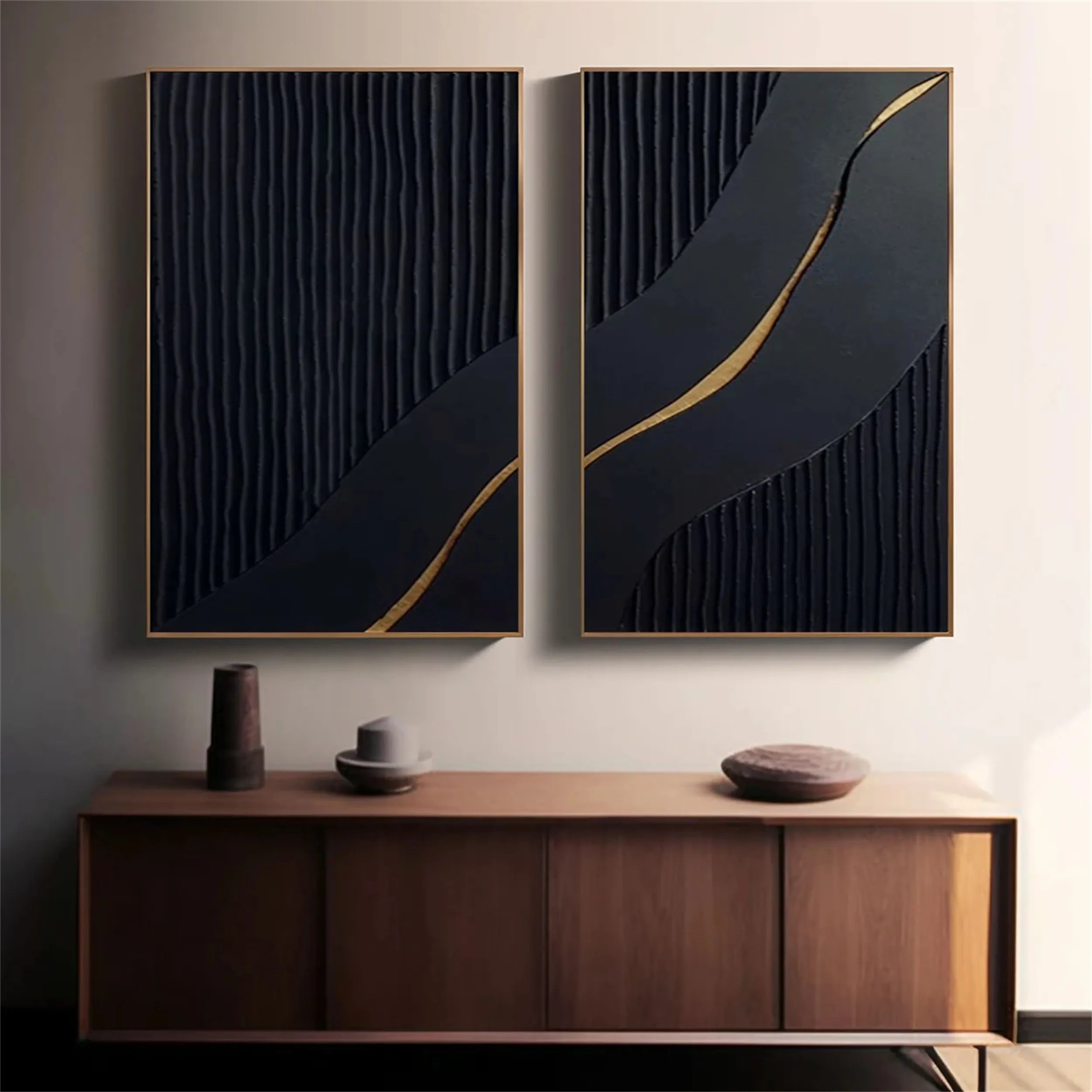 Black Textured Minimalist Wall Art Set of 2 #BT053