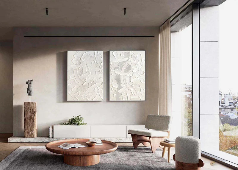 White Textured Minimalist Wall Art Set of 2 #WT004