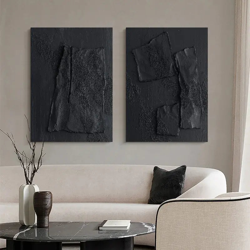 Black Textured Minimalist Wall Art Set of 2 #BT012