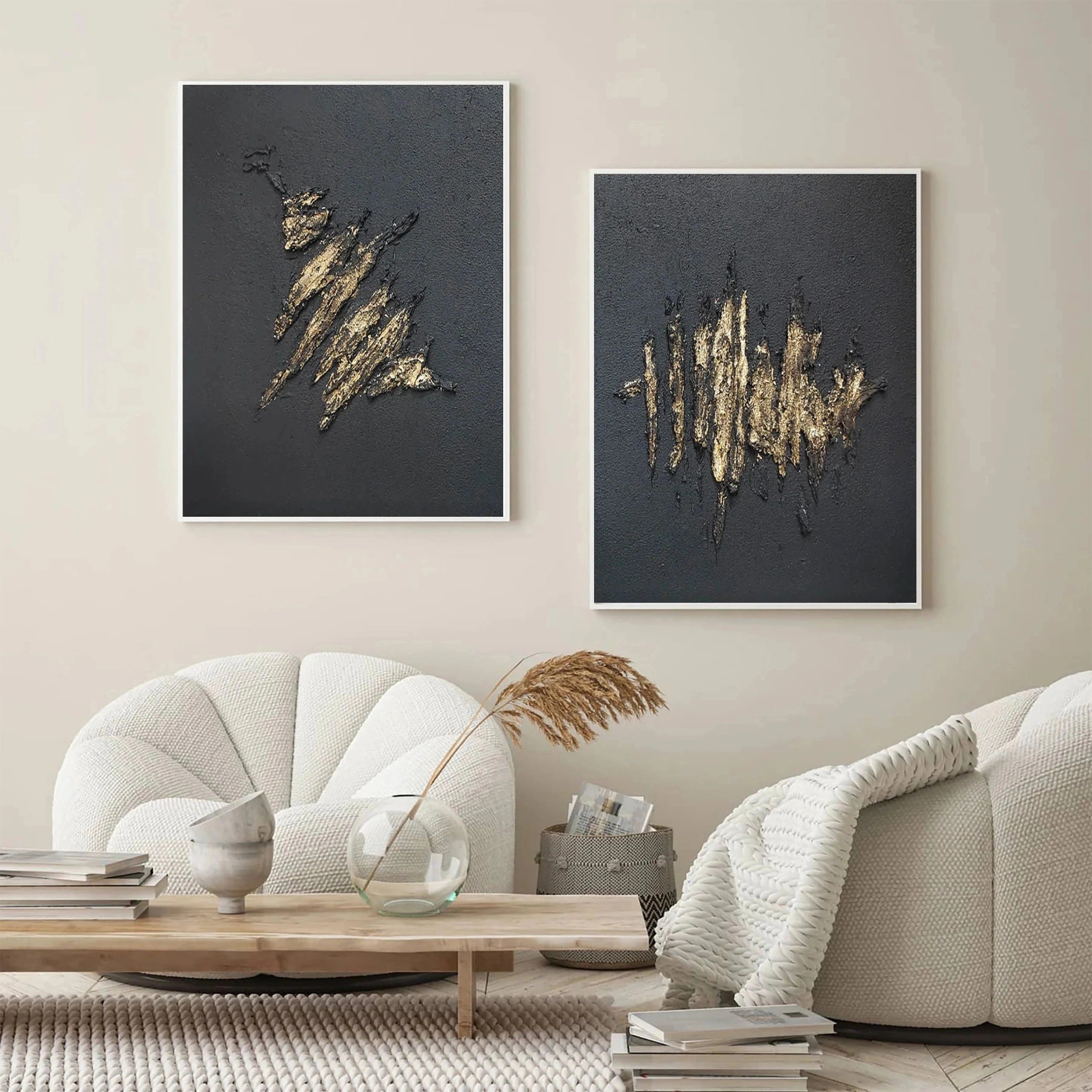 Black Textured Minimalist Wall Art Set of 2 #BT026