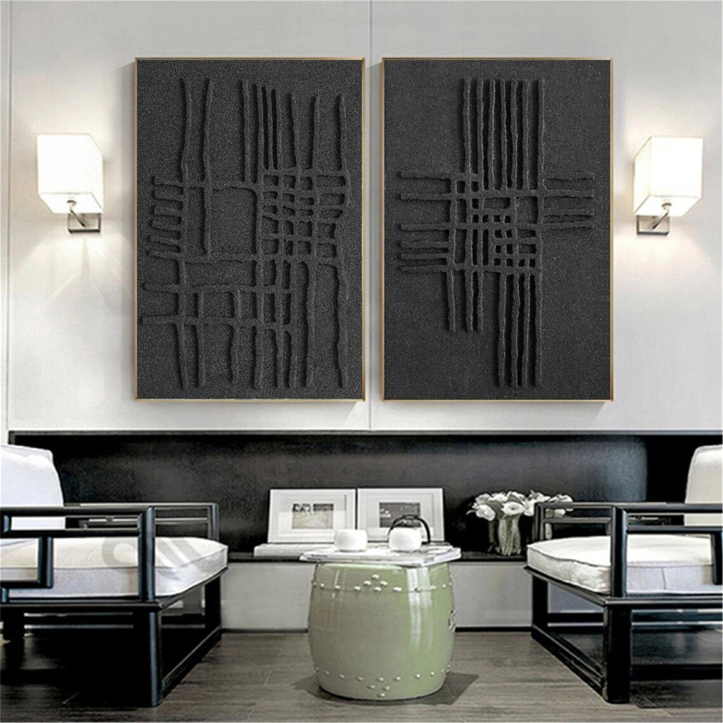 Black Textured Minimalist Wall Art Set of 2 #BT051