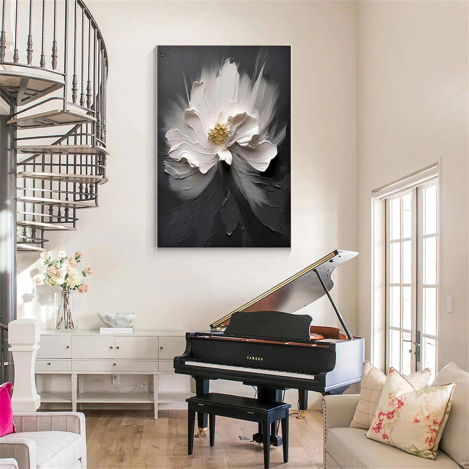 Black and White Tree And Flower Abstract Textured Wall Art #TF122