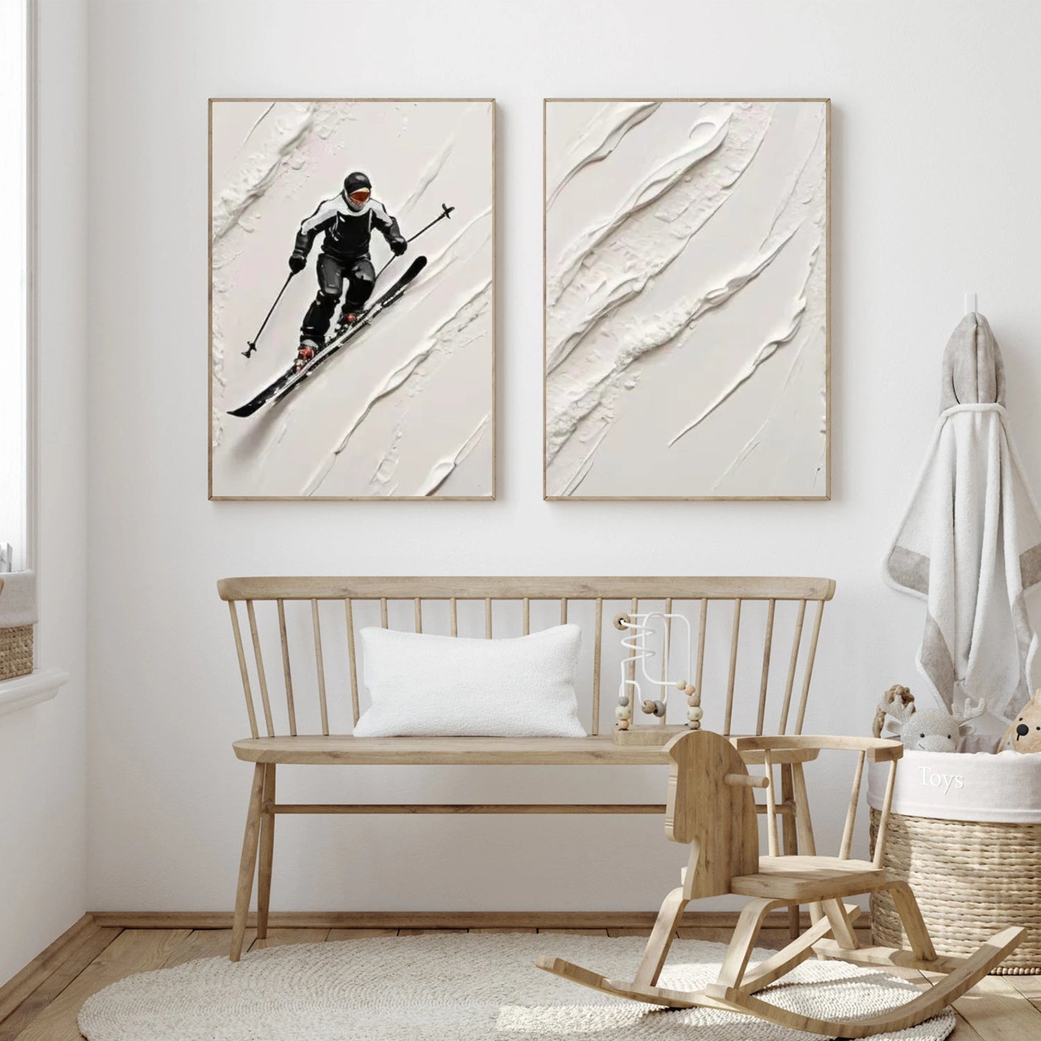 Black and White Skiing Sport Textured Wall Art Set of 2 #BA018