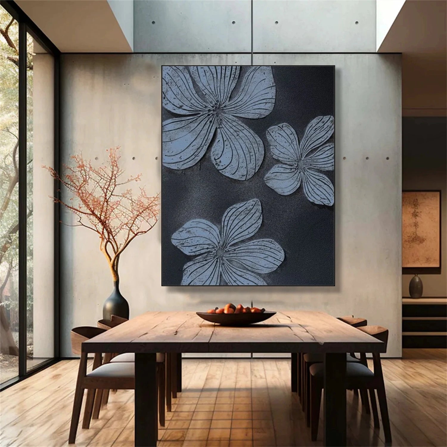 Black and Blue Tree And Flower Abstract Textured Wall Art #TF129