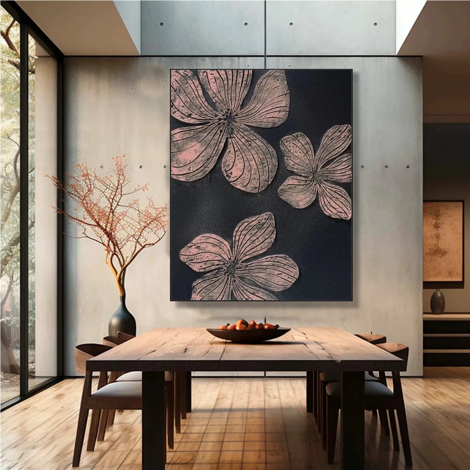 Black and Pink Tree And Flower Abstract Textured Wall Art #TF130