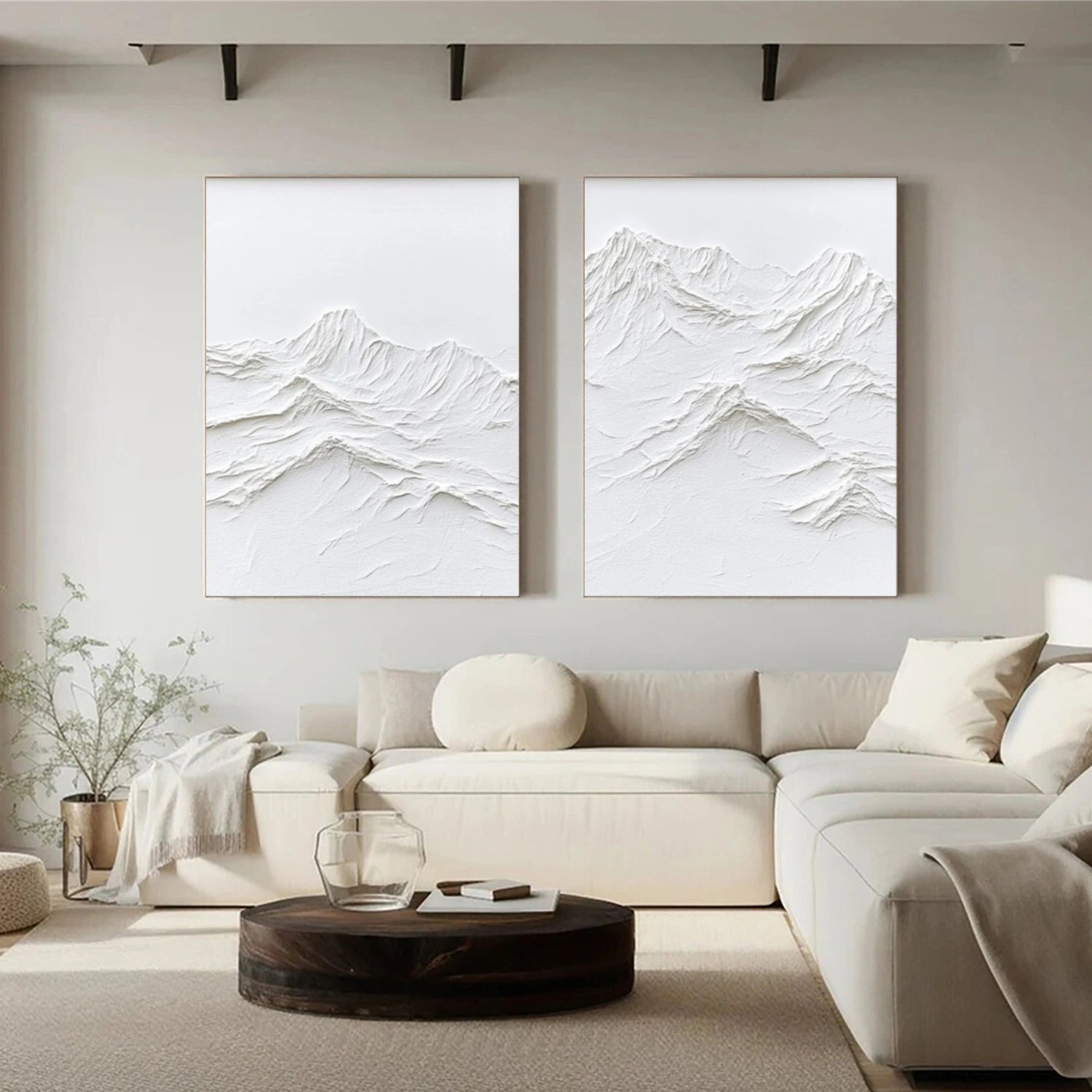 White Minimalist Mountain Textured Canvas Art Set of 2 #WT236