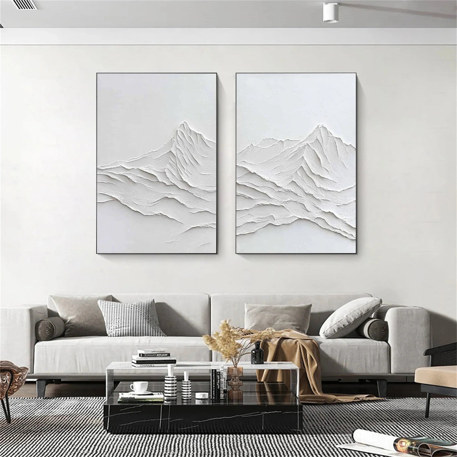 White Minimalist Mountain Textured Canvas Art Set of 2 #WT238