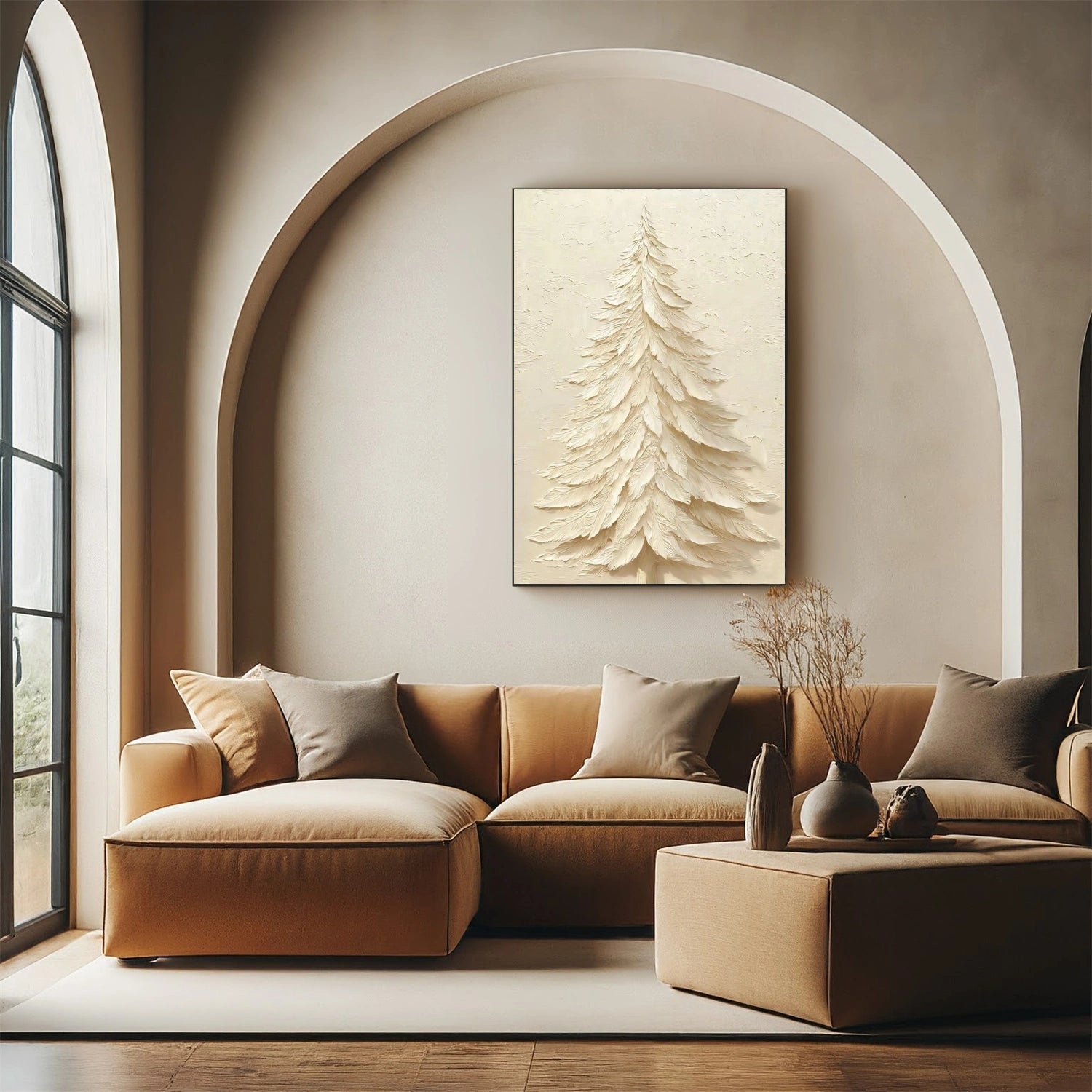 Beige Tree And Flower Abstract Textured Wall Art #TF176