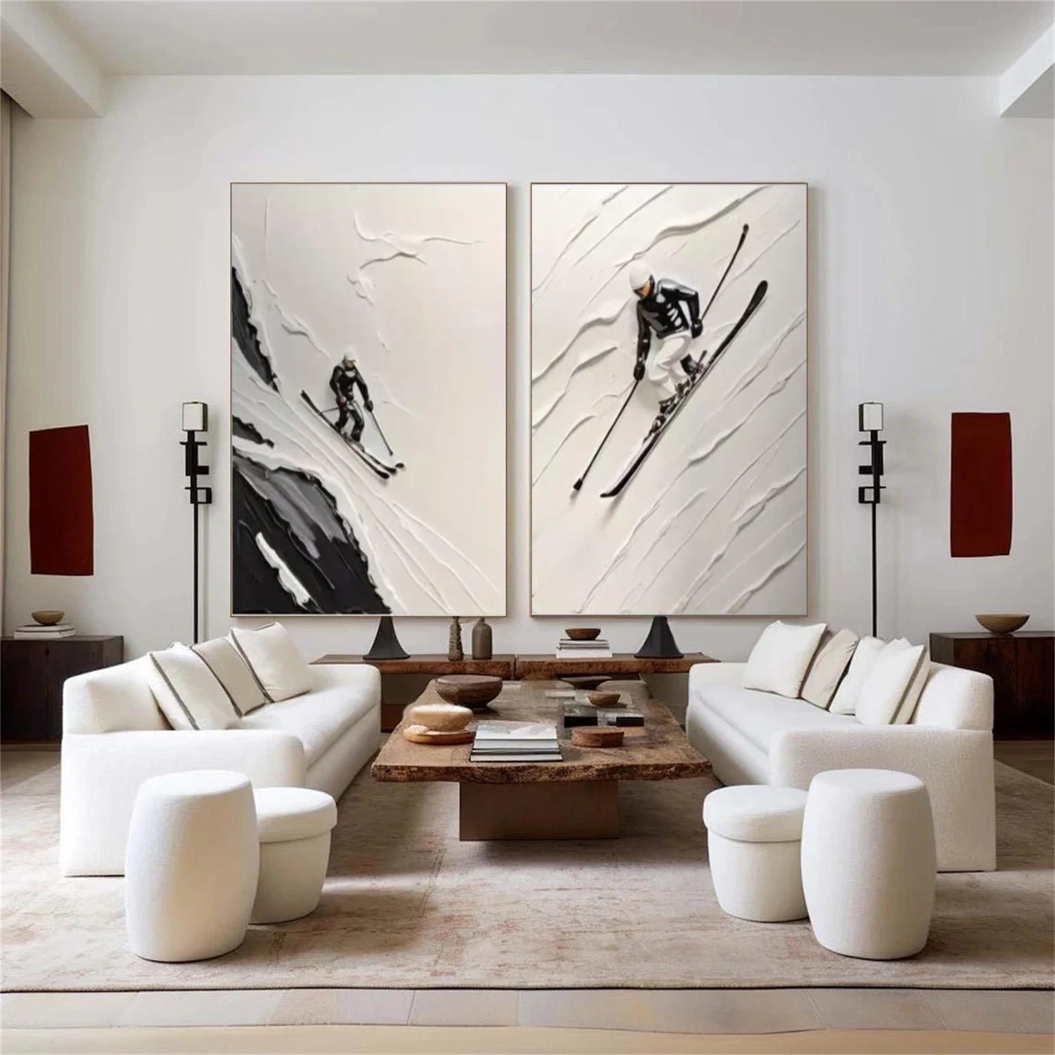 Black and White Skiing Sport Textured Wall Art Set of 2 #BA017