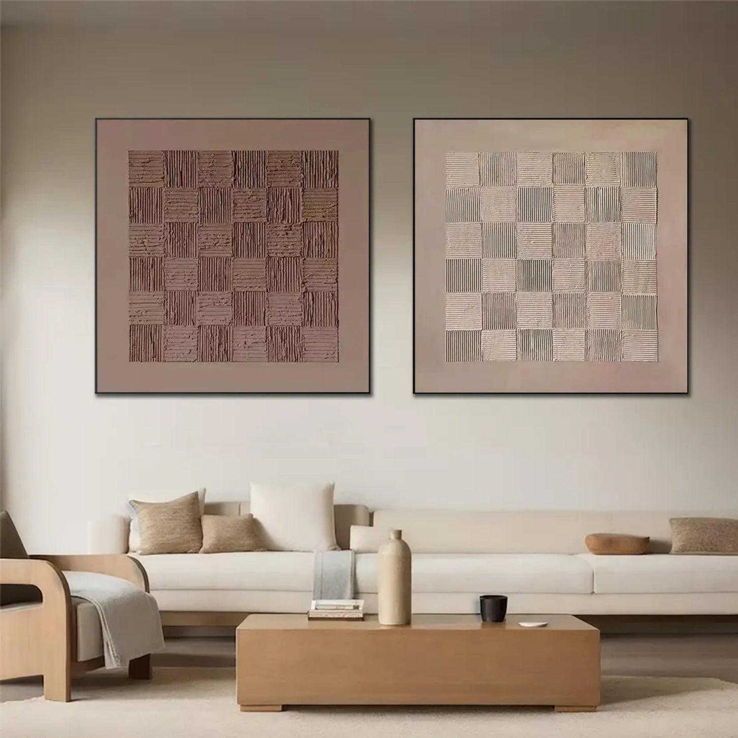 Beige and Brown Wabi Sabi Textured Abstract Canvas Art Set of 2 #WA193