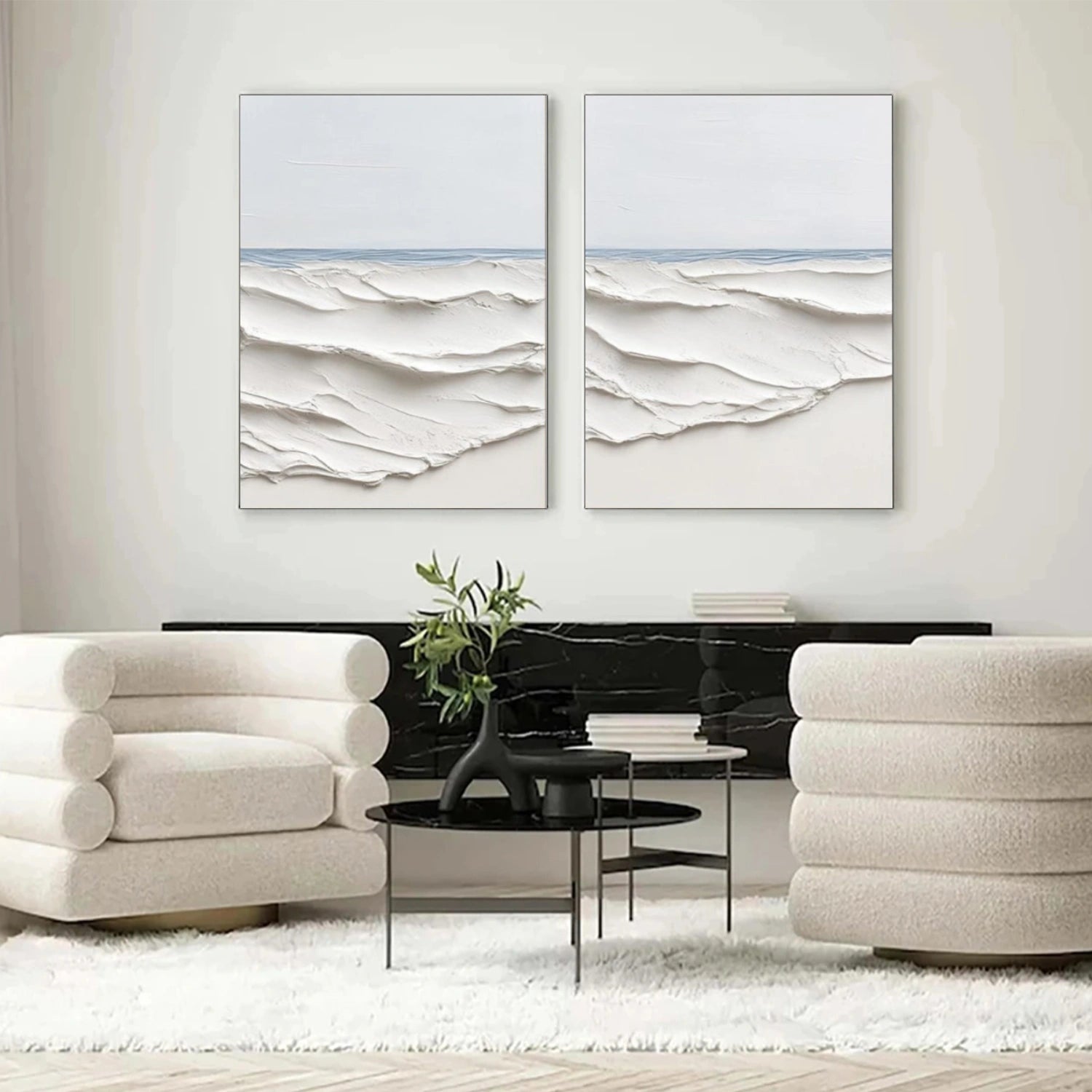 White Minimalist Mountain Textured Canvas Art Set of 2 #WT237