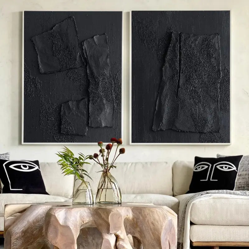 Black Textured Minimalist Wall Art Set of 2 #BT012
