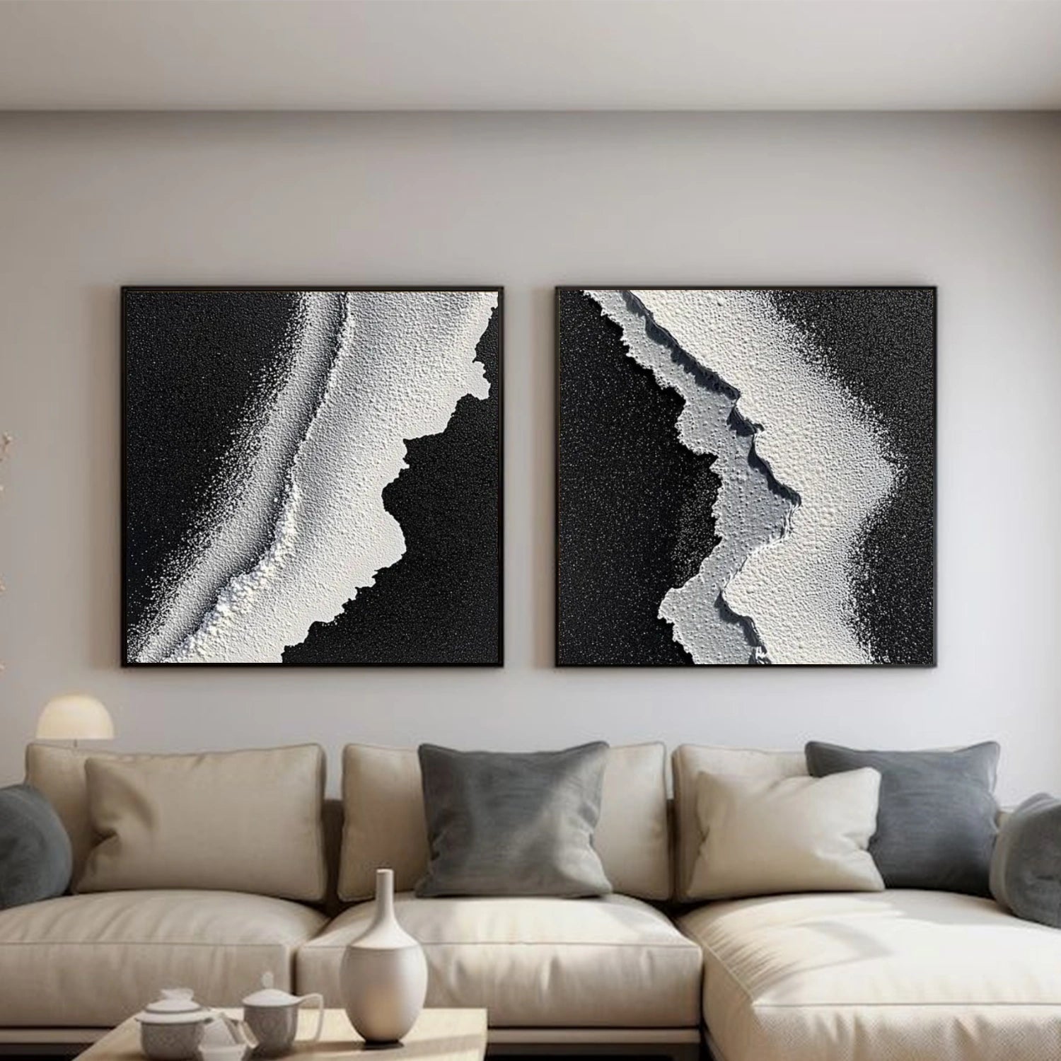 Black and White Sky And Ocean Abstract Textured Wall Art Set of 2 #SO332