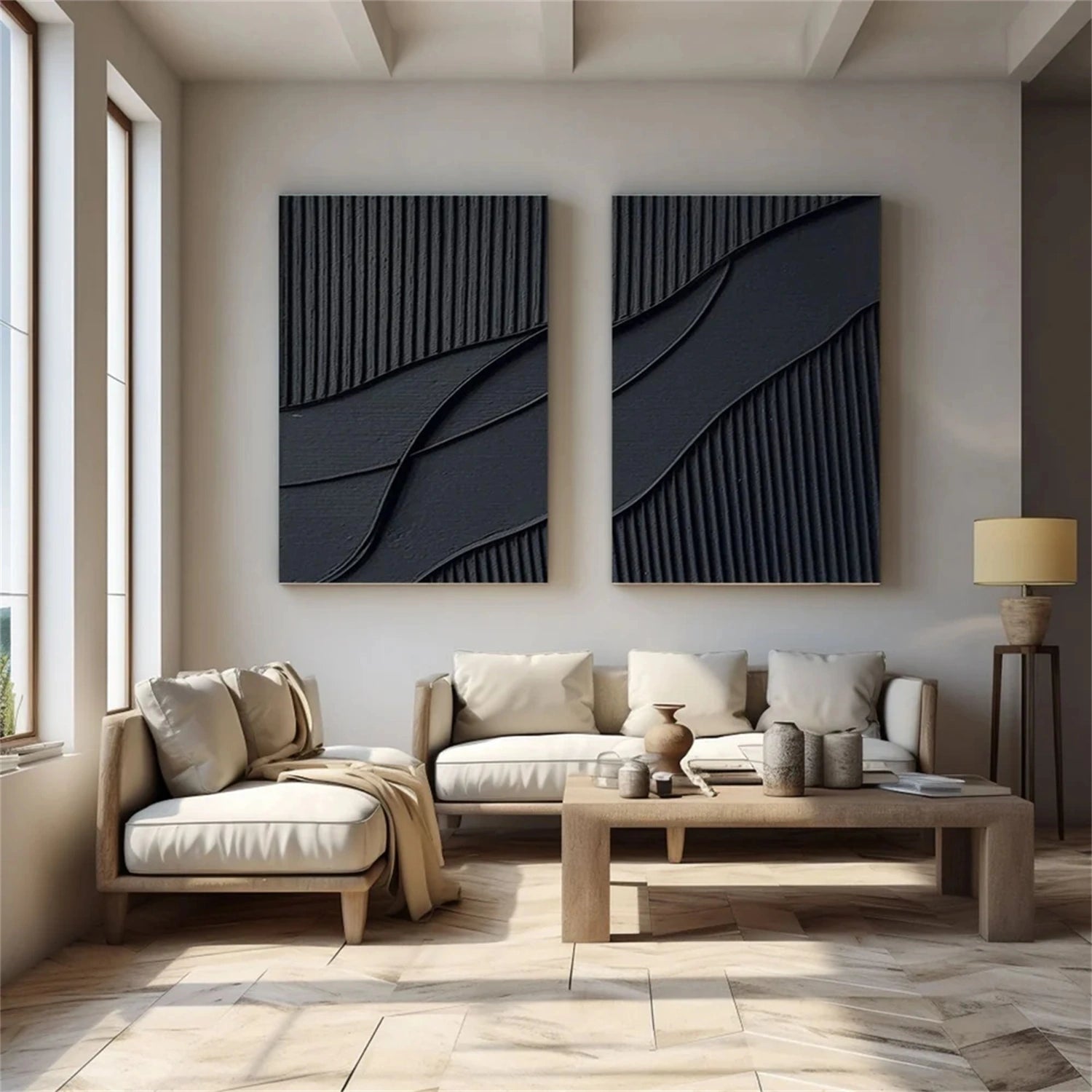 Black Textured Minimalist Wall Art Set of 2 #BT005