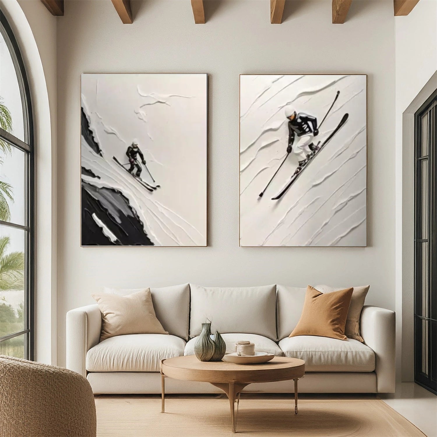 Black and White Skiing Sport Textured Wall Art Set of 2 #BA017