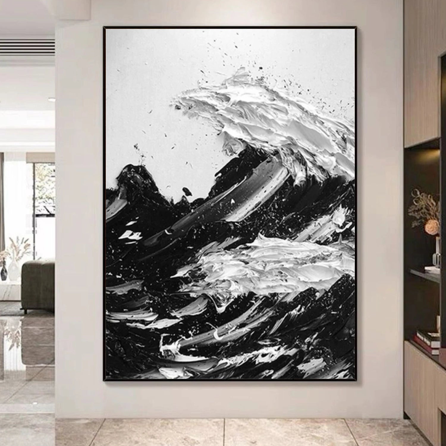 Black and White Sky And Ocean Abstract Textured Wall Art #SO301