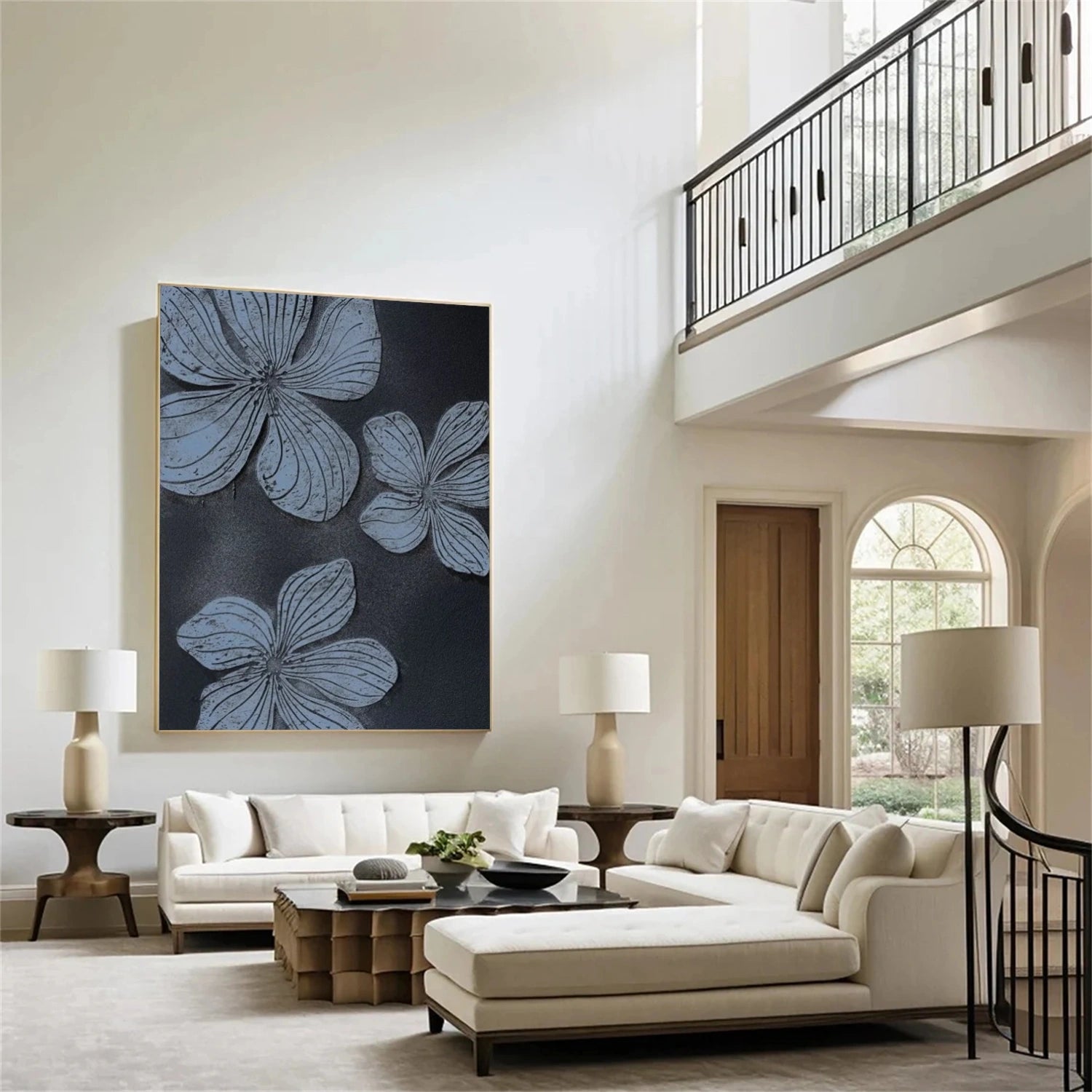 Black and Blue Tree And Flower Abstract Textured Wall Art #TF129