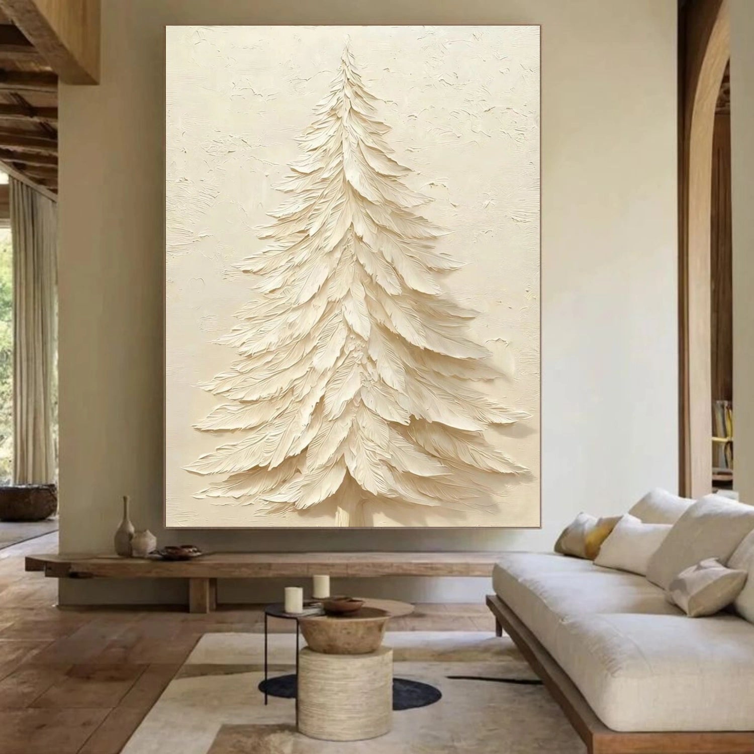 Beige Tree And Flower Abstract Textured Wall Art #TF176