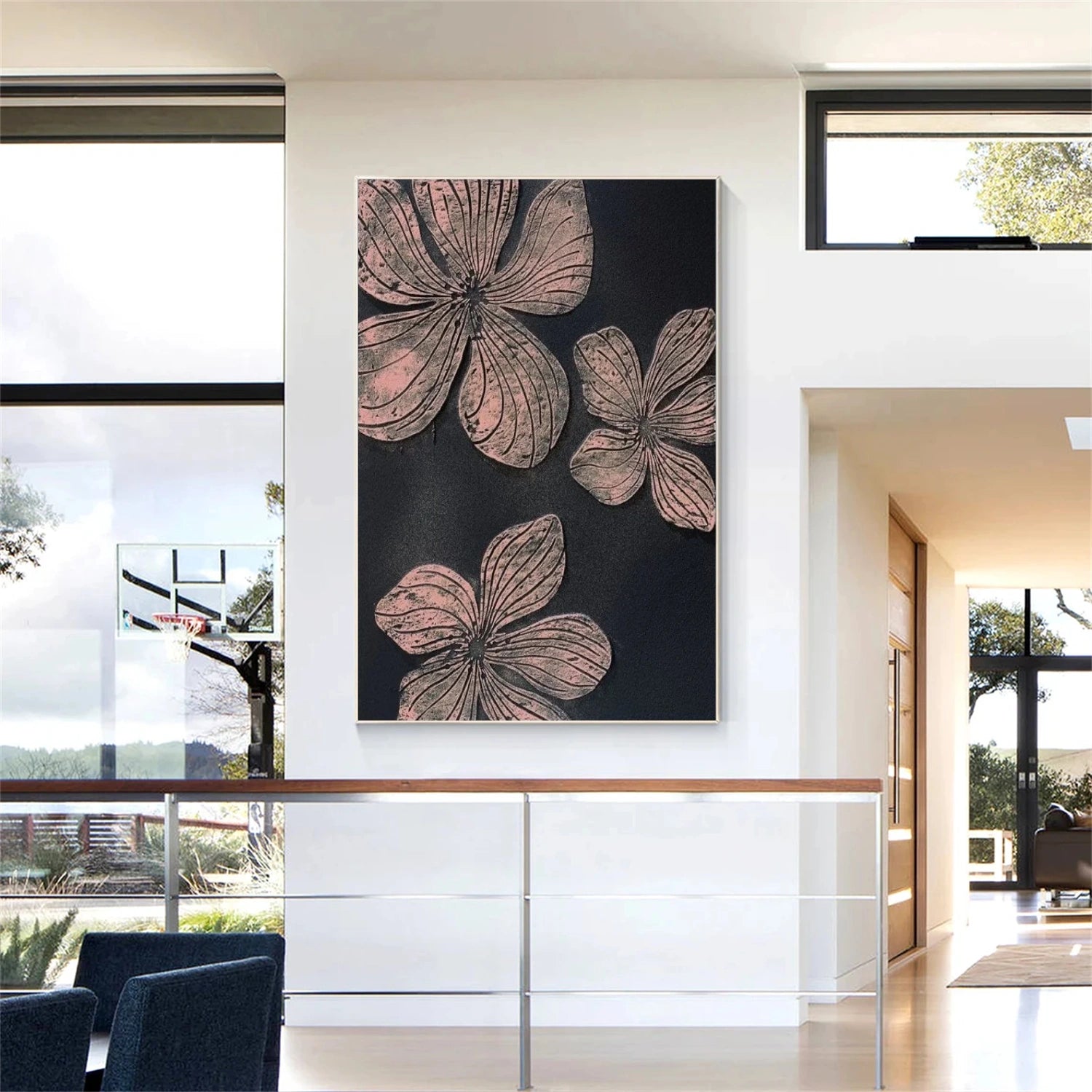 Black and Pink Tree And Flower Abstract Textured Wall Art #TF130