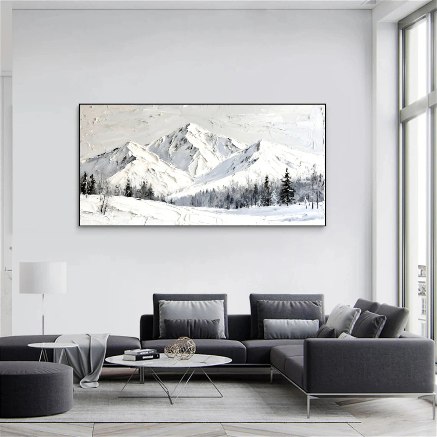 White Minimalist Mountain Textured Canvas Art #WT208