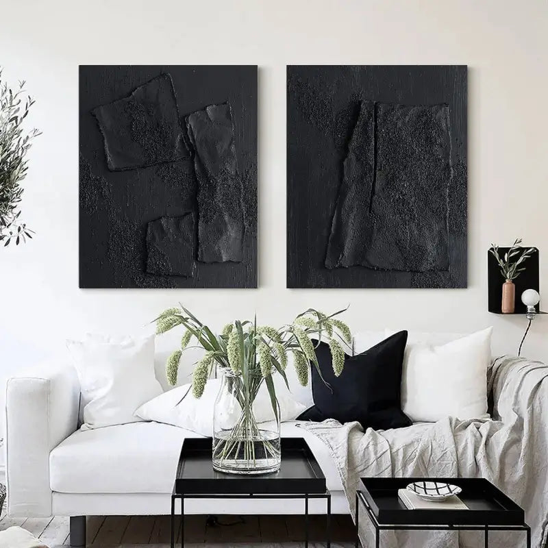 Black Textured Minimalist Wall Art Set of 2 #BT012