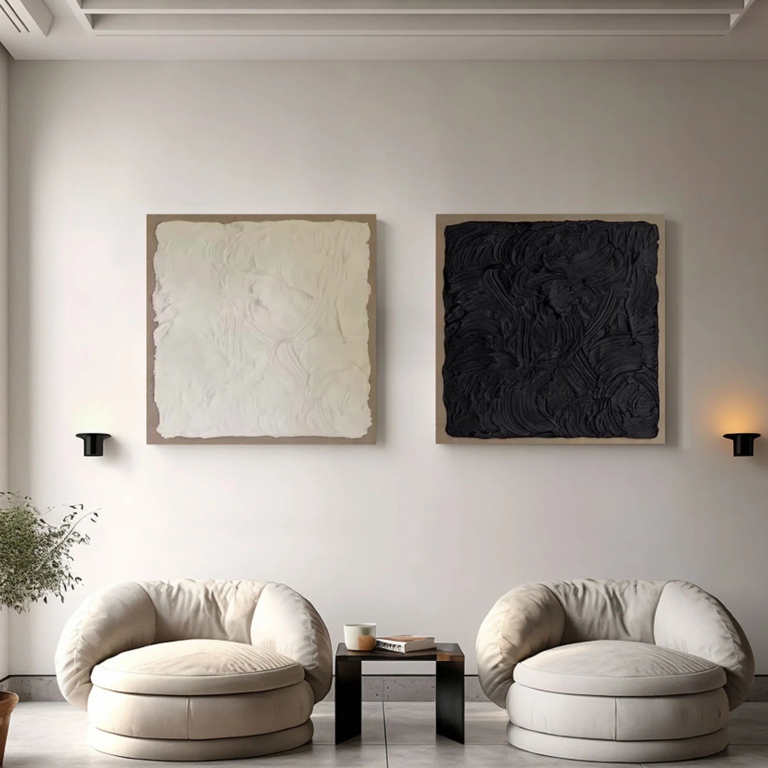 Black and White Minimalist Textured Canvas Art Set of 2 #BT078