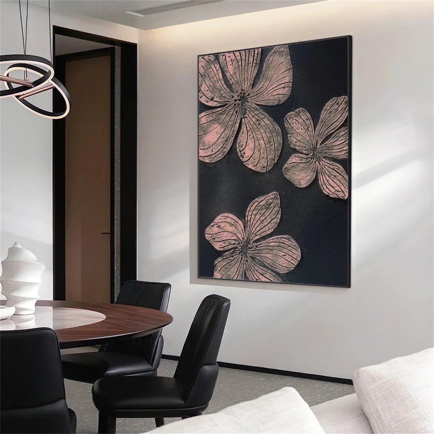 Black and Pink Tree And Flower Abstract Textured Wall Art #TF130