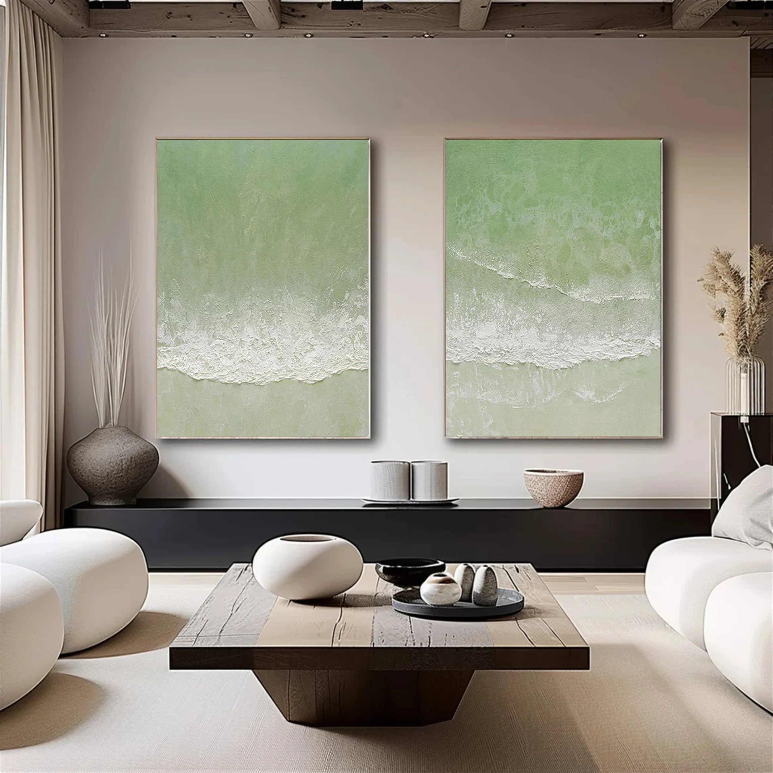 Green Textured Minimalist Wall Art Set of 2 #GT002